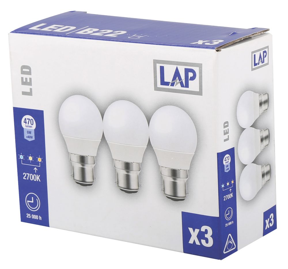 LAP BC Mini Globe LED Light Bulb 470lm 6W 3 Pack