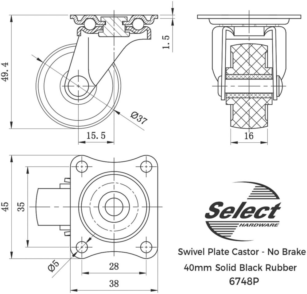 Select Heavy Duty Swivel Castor 40mm