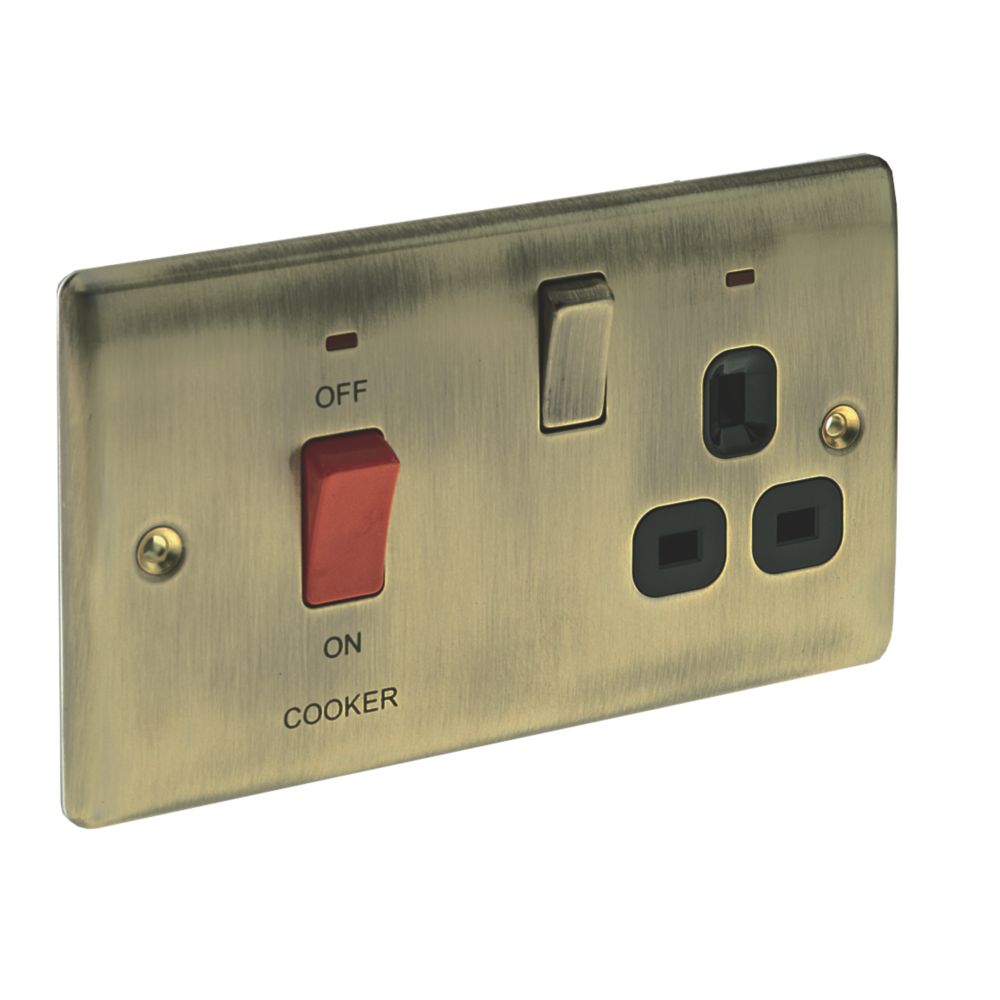 British General Nexus Metal 45A 2-Gang DP Cooker Switch & 13A DP Switched Socket Antique Brass with LED with Black Inserts