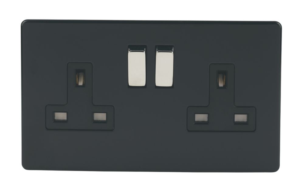 Varilight 13AX 2-Gang DP Switched Plug Socket Jet Black with Black Inserts