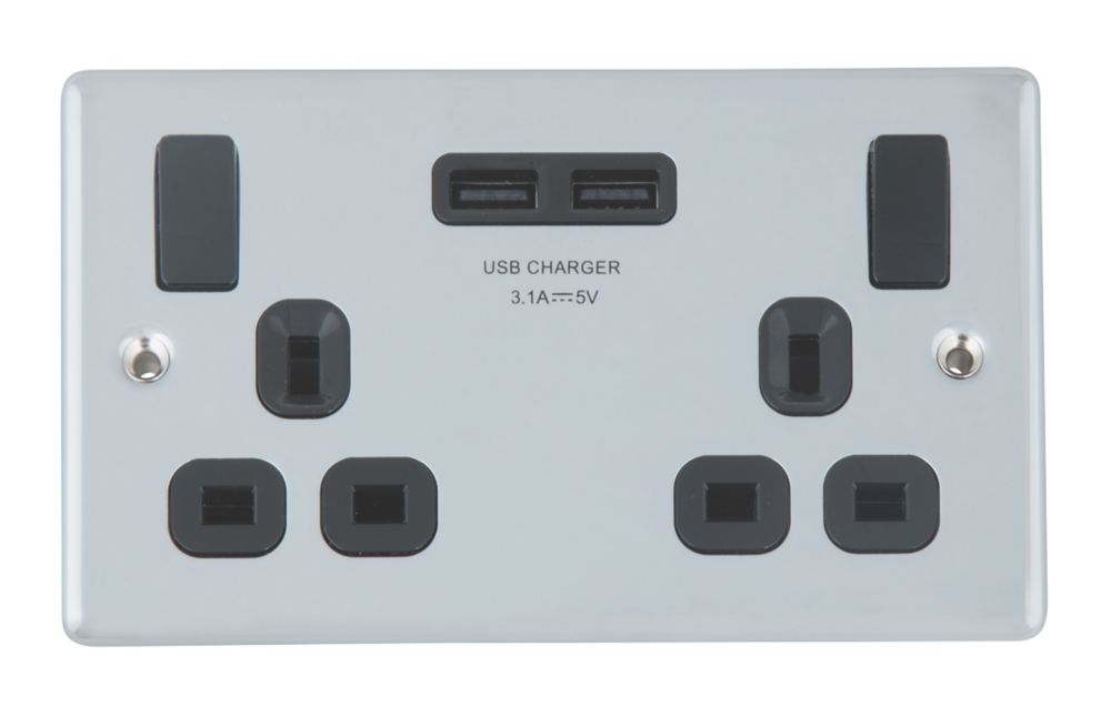 LAP 13A 2-Gang SP Switched Socket + 3.1A 2-Outlet USB Charger Polished Chrome with Black Inserts