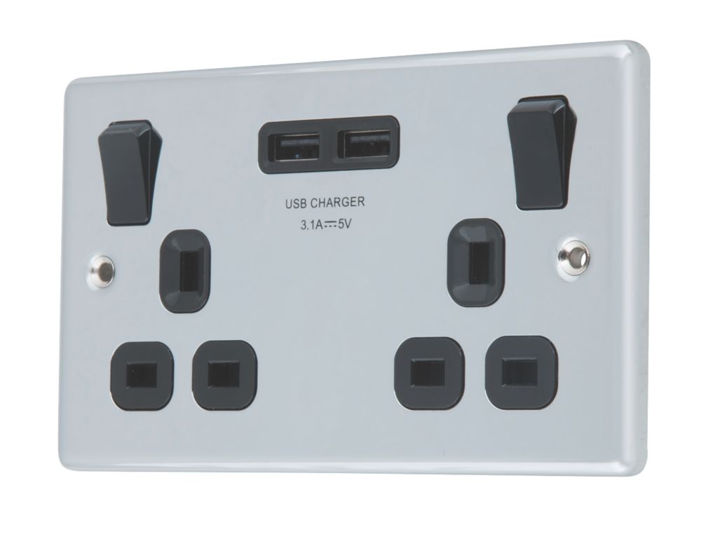 LAP 13A 2-Gang SP Switched Socket + 3.1A 2-Outlet USB Charger Polished Chrome with Black Inserts Reviews