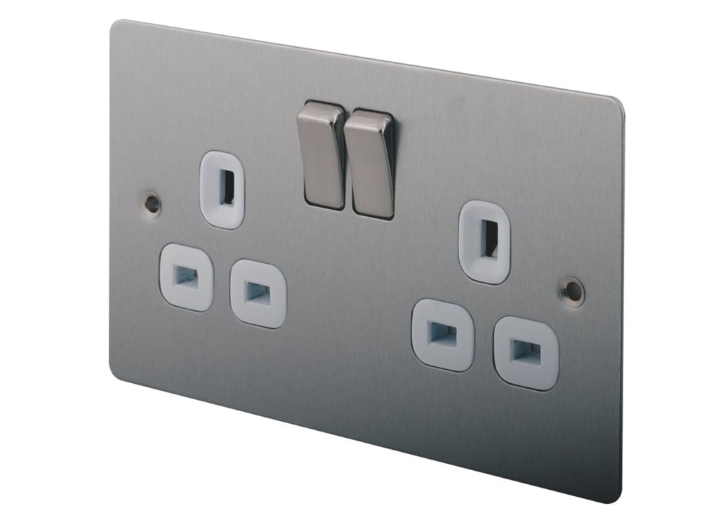 LAP 13A 2-Gang DP Switched Plug Socket Brushed Stainless Steel with White Inserts 5 Pack