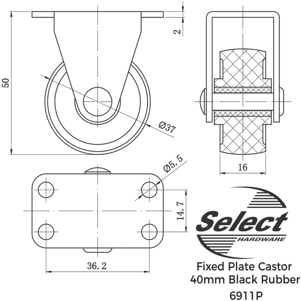 Select Heavy Duty Fixed Rubber Wheel 40mm