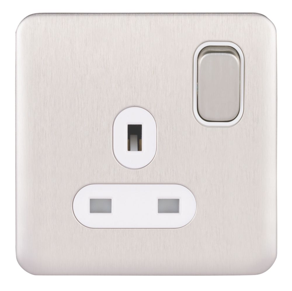 Schneider Electric Lisse Deco 13A 1-Gang DP Switched Plug Socket Brushed Stainless Steel with White Inserts