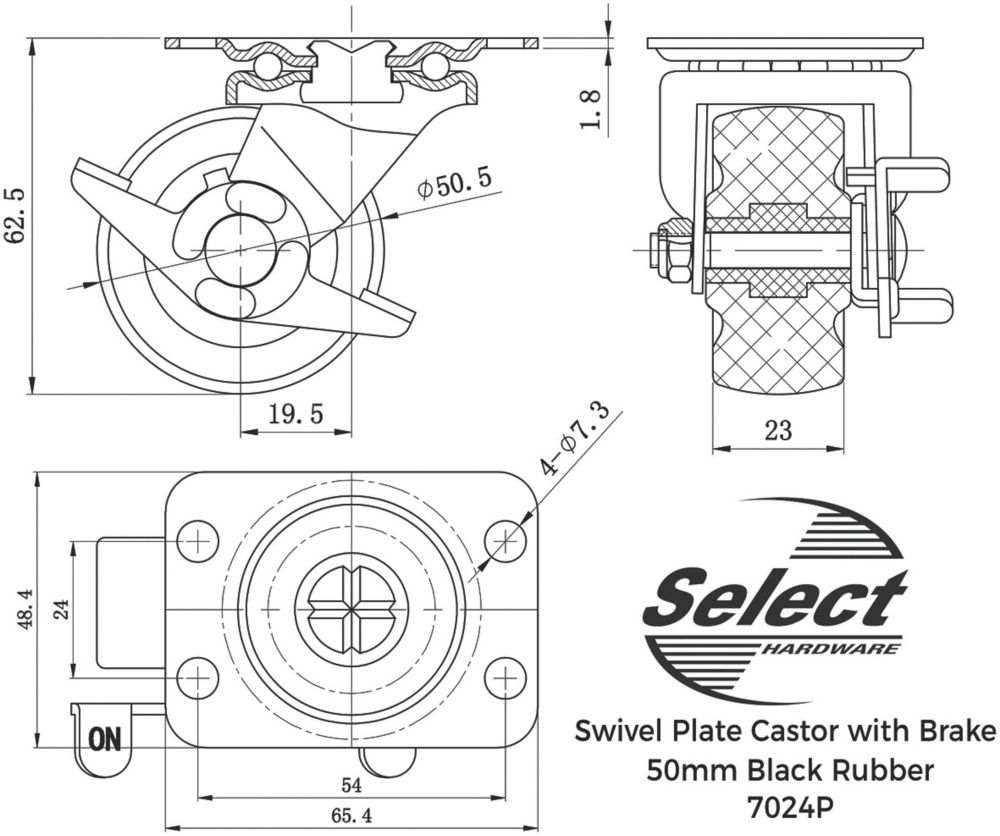 Select Heavy Duty Braked Swivel Castor 51mm