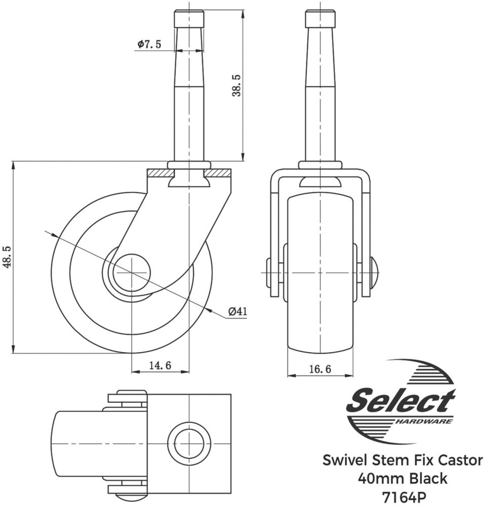 Select Single-Wheel Castor Stems 41mm 2 Pcs