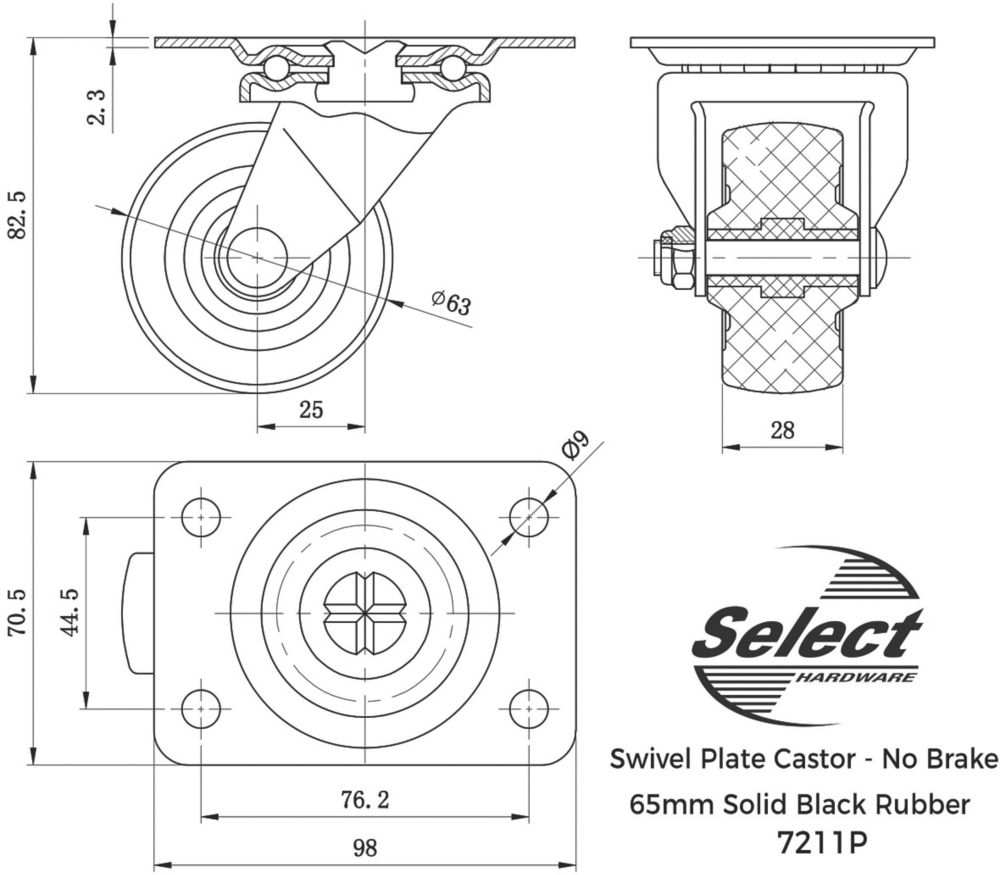 Select Heavy Duty Swivel Castor 64mm