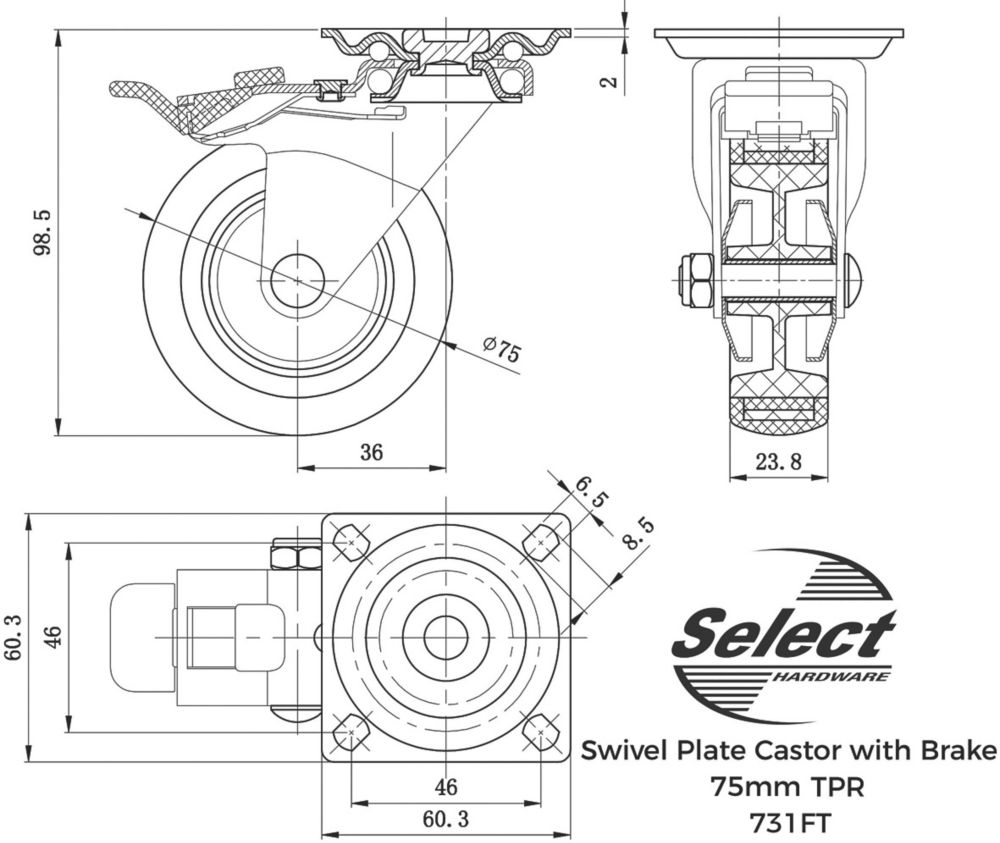 Select TPR Braked Swivel Castor 75mm