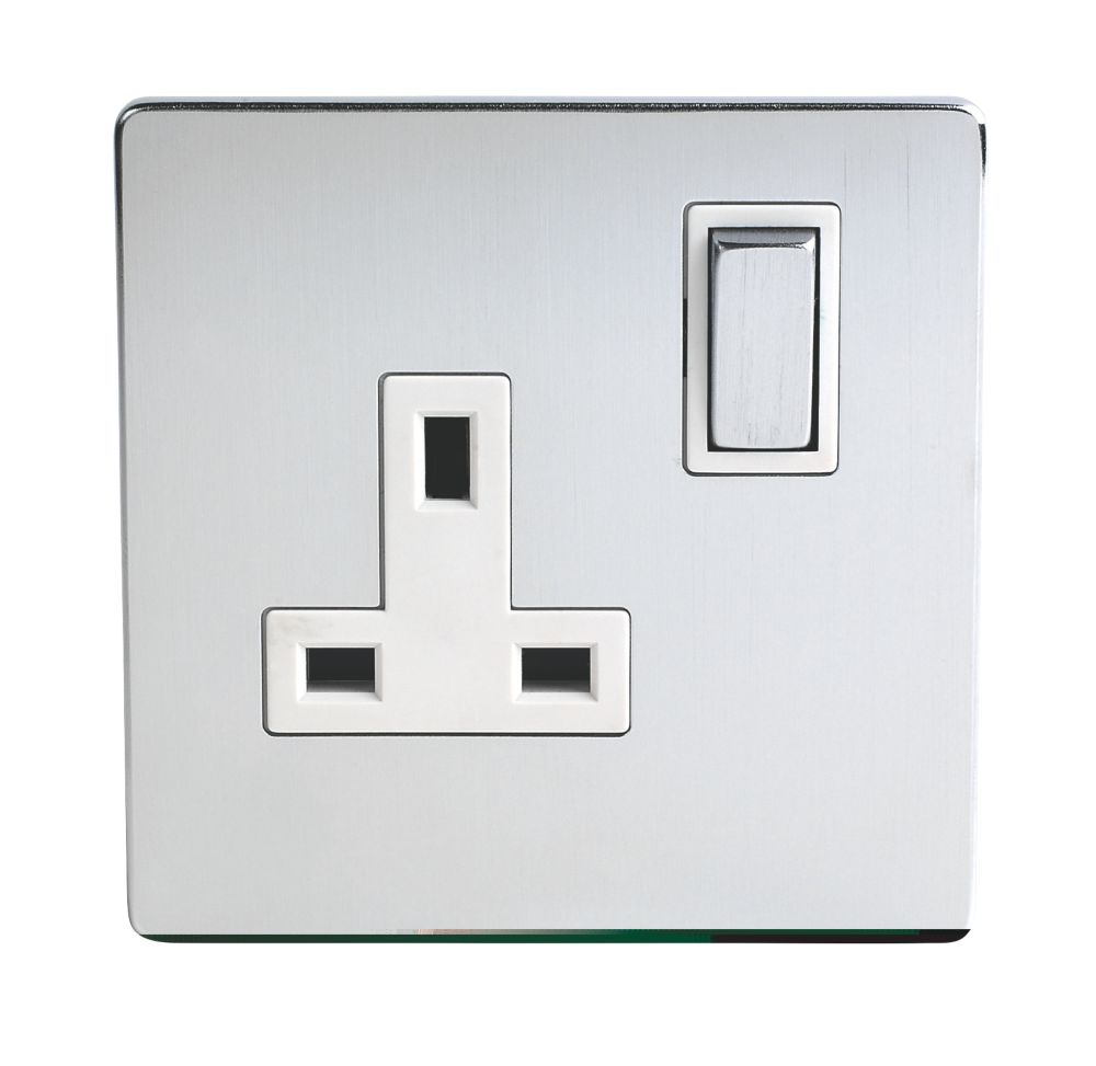 LAP 13A 1-Gang DP Switched Plug Socket Brushed Chrome with White Inserts