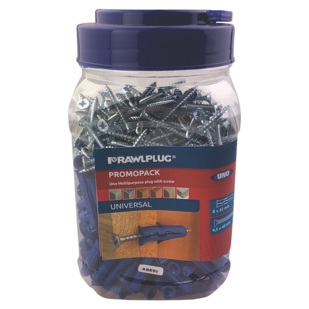 Rawlplug Uno Universal Fixing Wall Rawl Plug Blue 8mm With Screws 