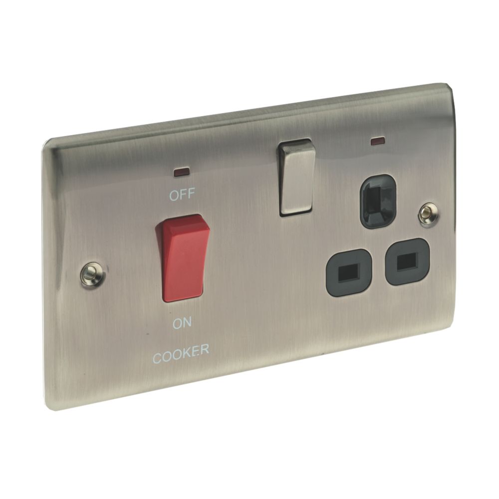 British General Nexus Metal 45A 1-Gang DP Cooker Switch & 13A DP Switched Socket Brushed Iridium with LED with Black Inserts