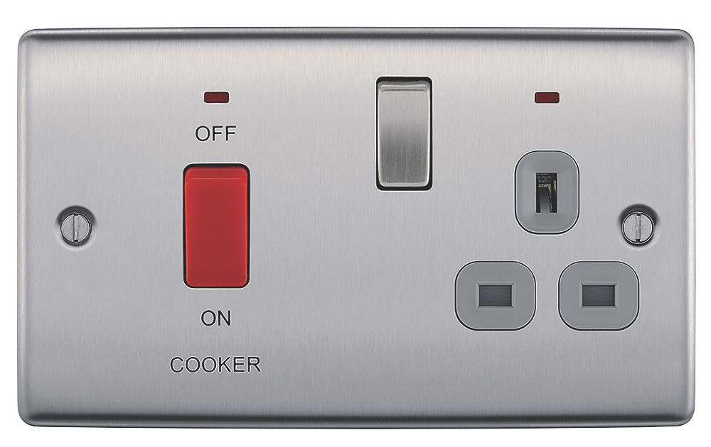 British General Nexus Metal 45A 2-Gang DP Cooker Switch & 13A DP Switched Socket Brushed Steel with LED with Colour-Matched Inserts