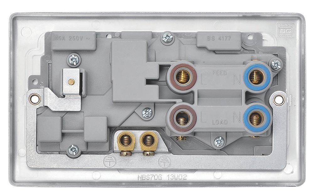 British General Nexus Metal 45A 2-Gang DP Cooker Switch & 13A DP Switched Socket Brushed Steel with LED with Colour-Matched Inserts