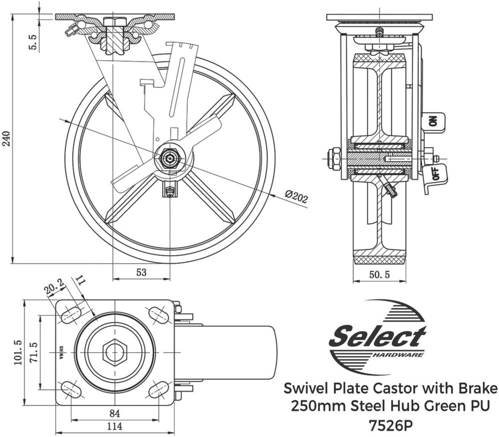 Select Braked Swivel Castor 200mm