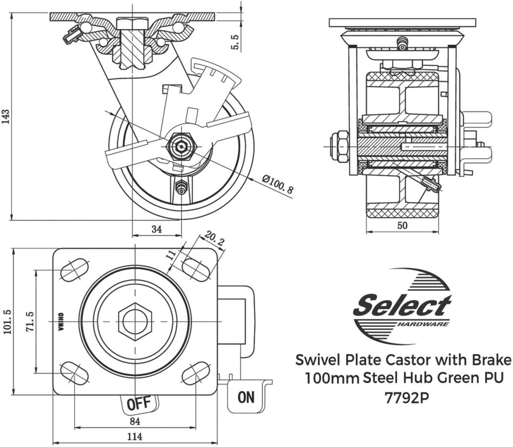 Select Braked Swivel Castor 100mm