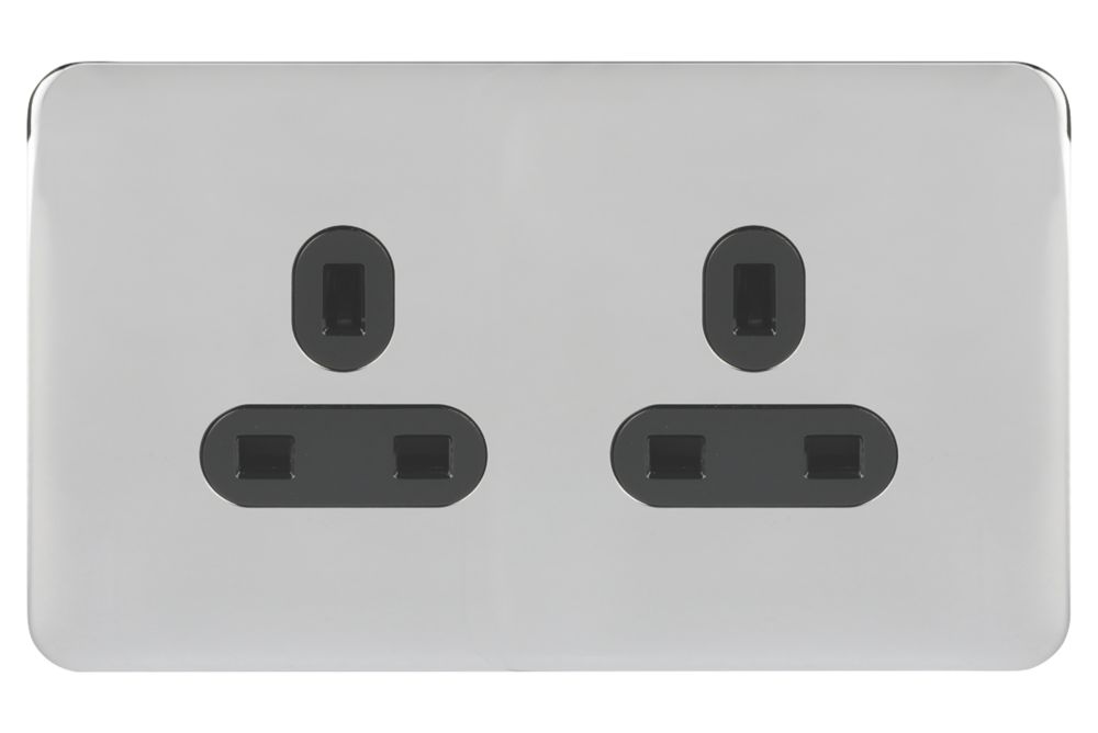 Schneider Electric Lisse Deco 13A 2-Gang Unswitched Plug Socket Polished Chrome with Black Inserts