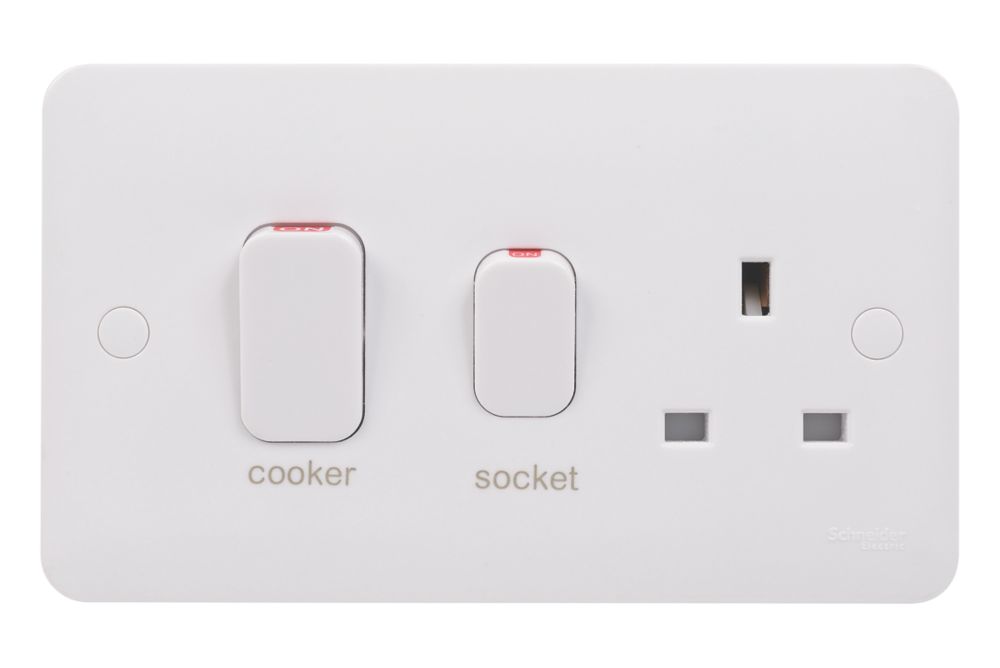 Schneider Electric Lisse 45A 2-Gang DP Cooker Switch & 13A DP Switched Socket White with LED