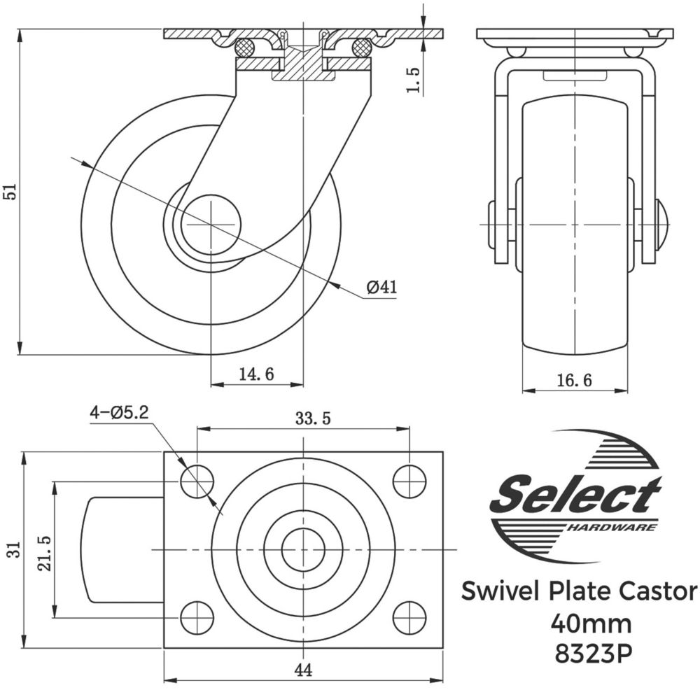 Select Single-Wheel Castor Plates 41mm 2 Pcs