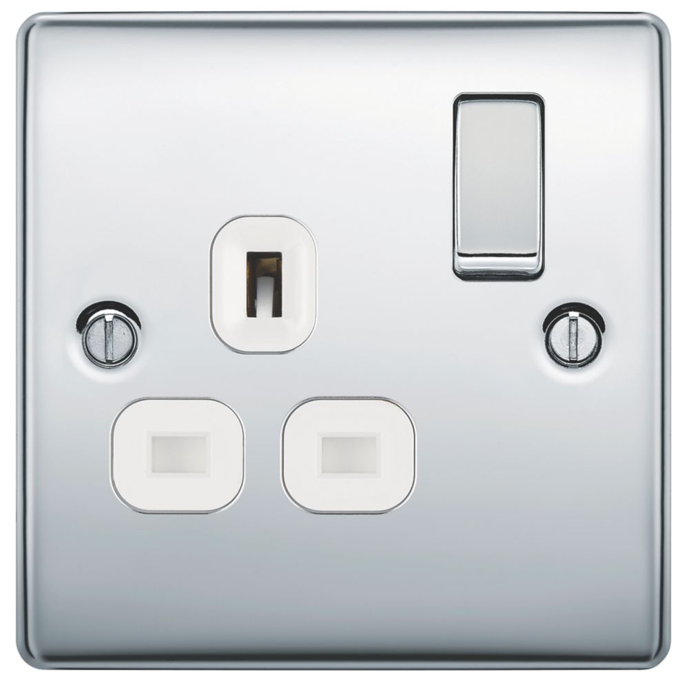 British General Nexus Metal 13A 1-Gang DP Switched Plug Socket Polished Chrome with White Inserts