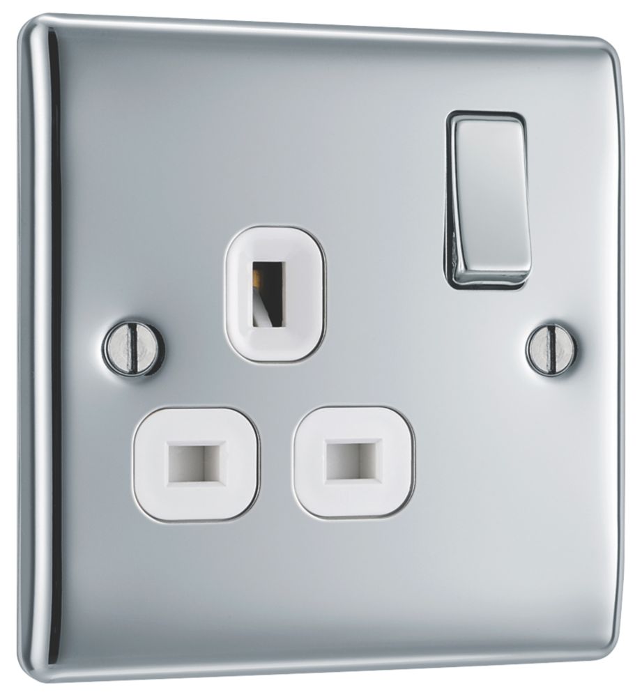 British General Nexus Metal 13A 1-Gang DP Switched Plug Socket Polished Chrome with White Inserts