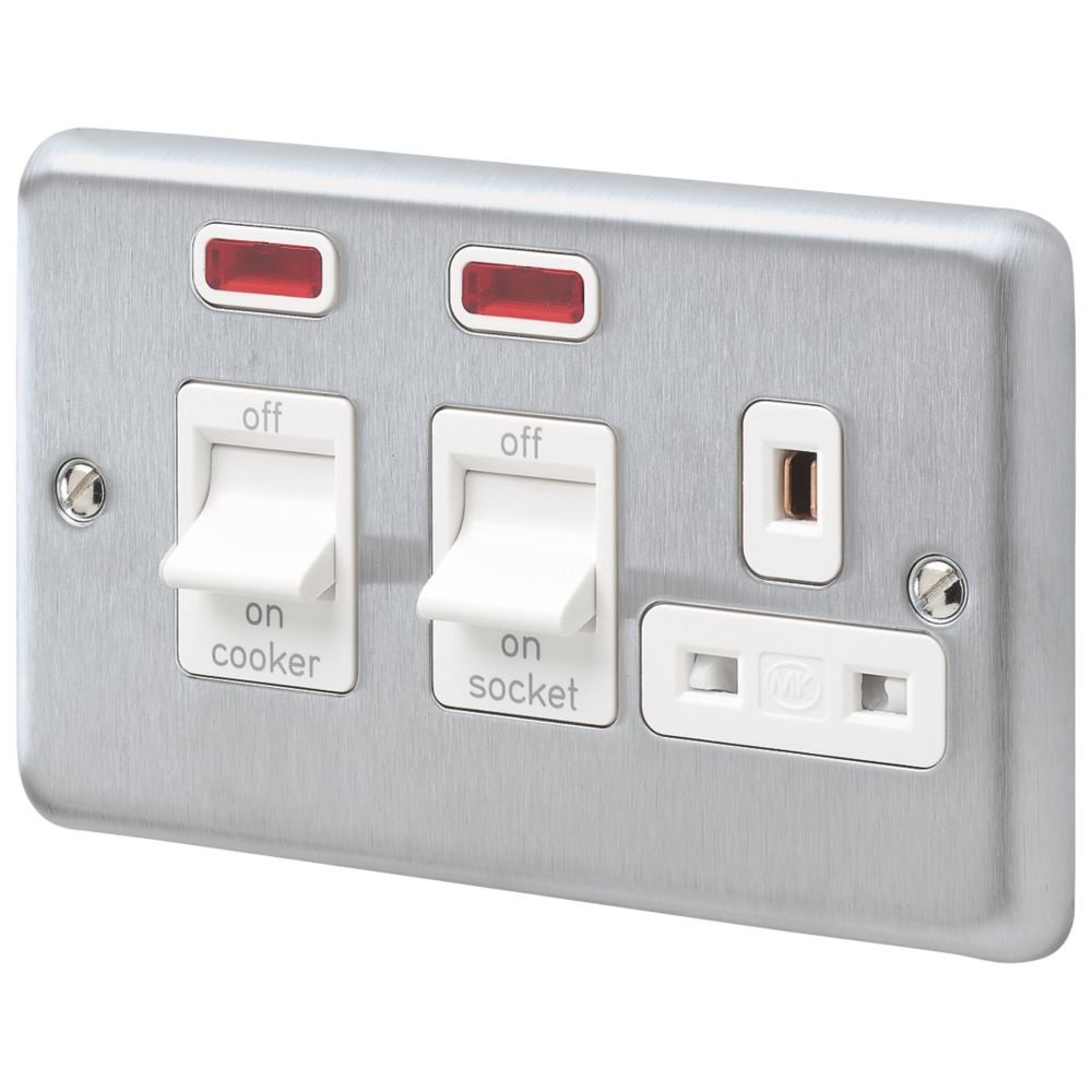 MK Albany Plus 45A 2-Gang DP Cooker Switch & 13A DP Switched Socket Brushed Chrome with Neon with White Inserts Reviews