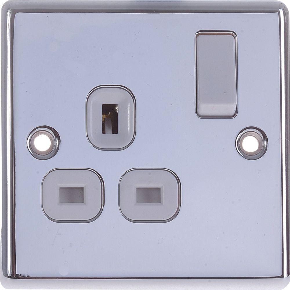 LAP 13A 1-Gang SP Switched Plug Socket Polished Chrome with White Inserts