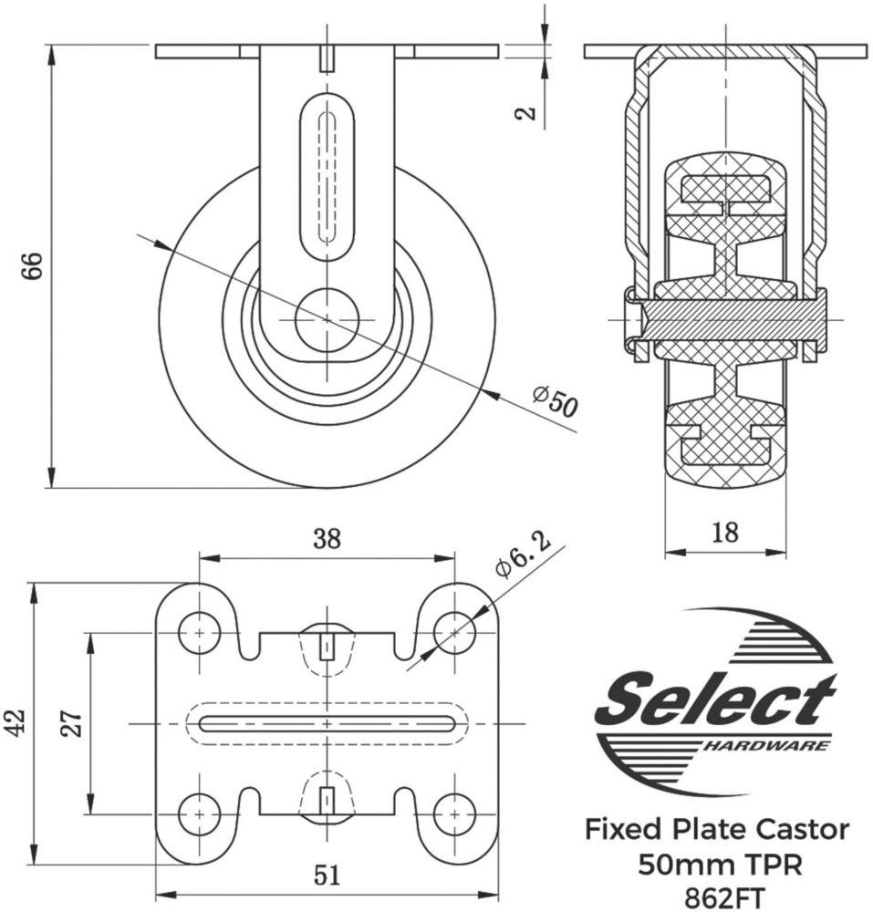 Select TPR Fixed Castor 50mm