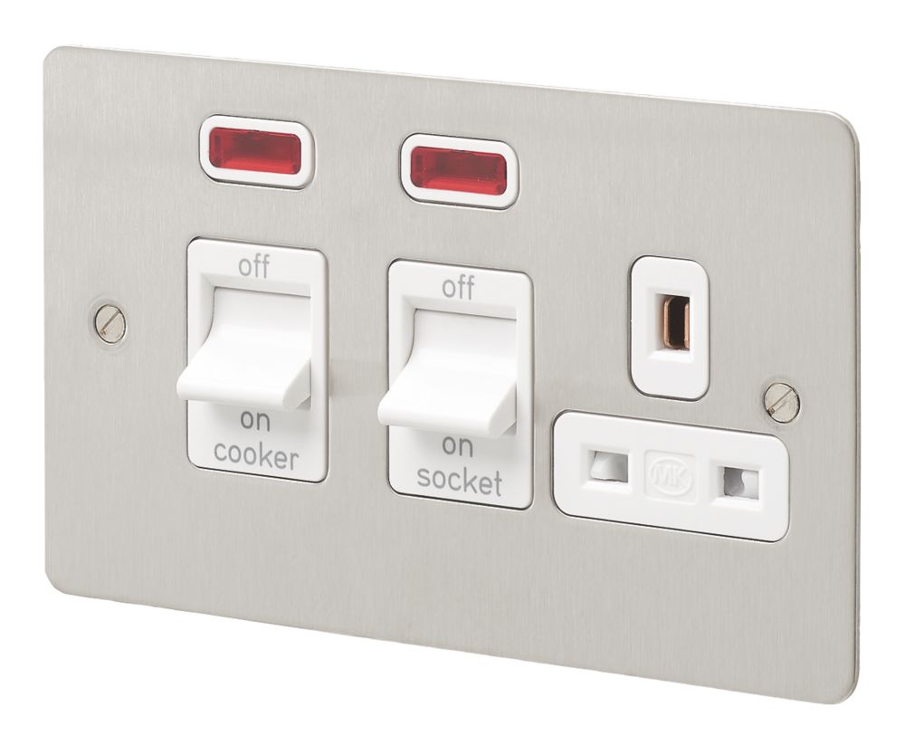 MK Edge 45A 1-Gang DP Cooker Switch & 13A DP Switched Socket Brushed Stainless Steel with Neon with White Inserts Reviews