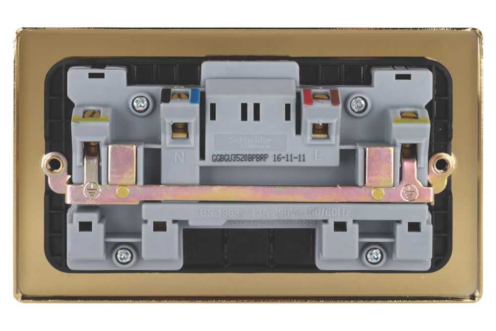 Schneider Electric Ultimate Low Profile 13A 2-Gang SP Switched Plug Socket Polished Brass with Black Inserts