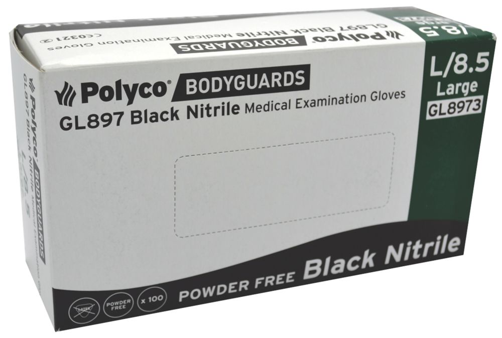 Polyco Bodyguards GL897 Nitrile Powder-Free Disposable Gloves Black Large 100 Pack