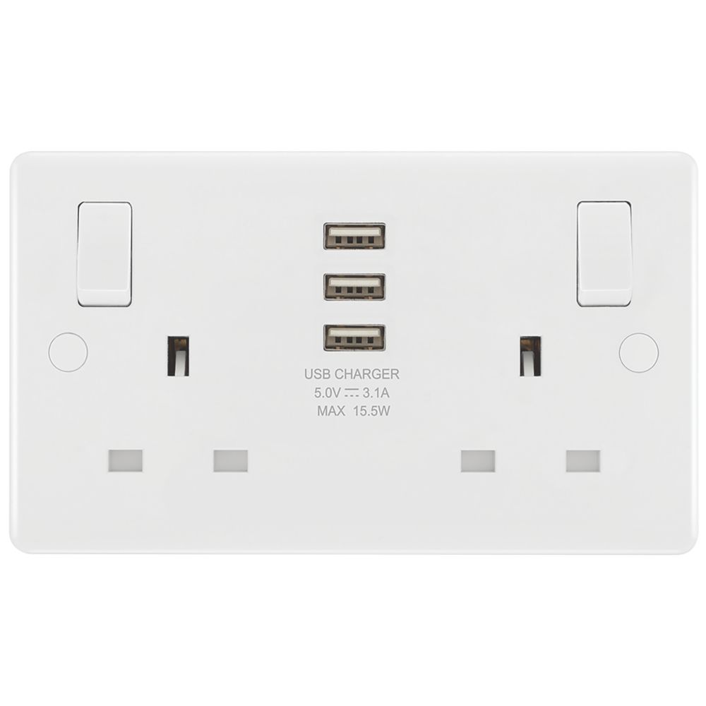 LAP 13A 2-Gang SP Switched Socket + 3.1A 3-Outlet USB Charger White with White Inserts