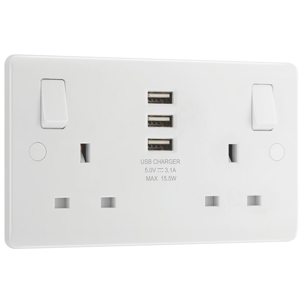 LAP 13A 2-Gang SP Switched Socket + 3.1A 3-Outlet USB Charger White with White Inserts