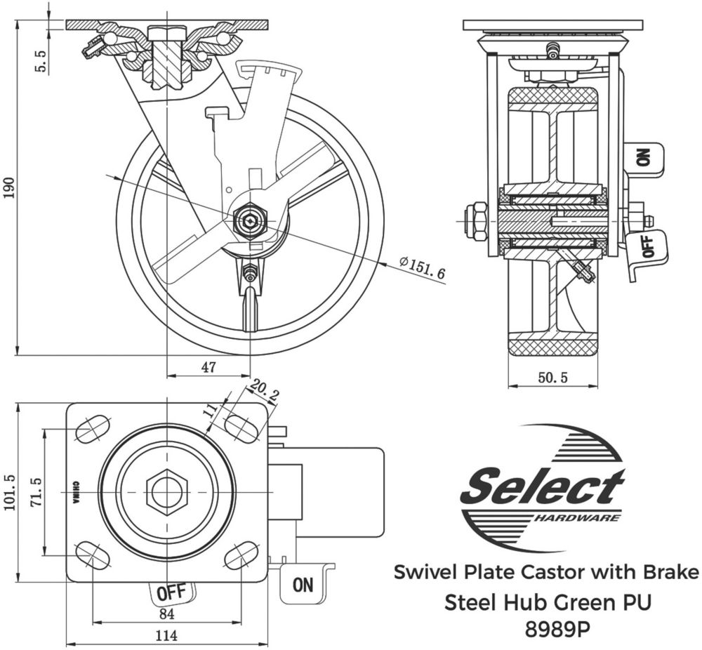 Select Braked Swivel Castor 150mm