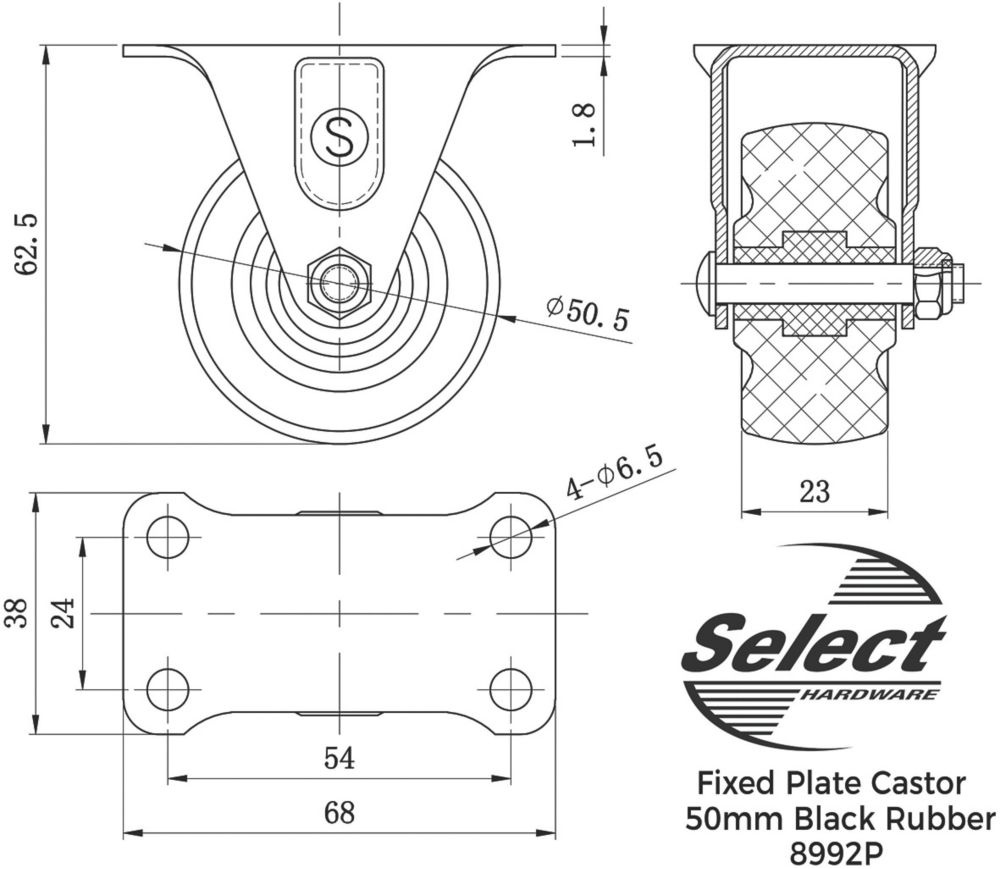 Select Heavy Duty Fixed Rubber Castor 51mm