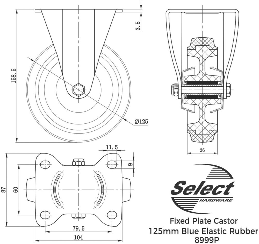 Select Heavy Duty Fixed Castor 125mm