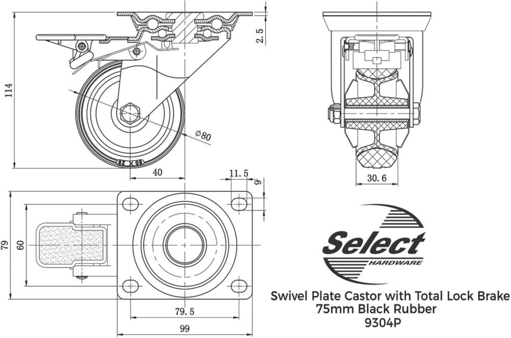 Select Heavy Duty Swivel Castor 75mm