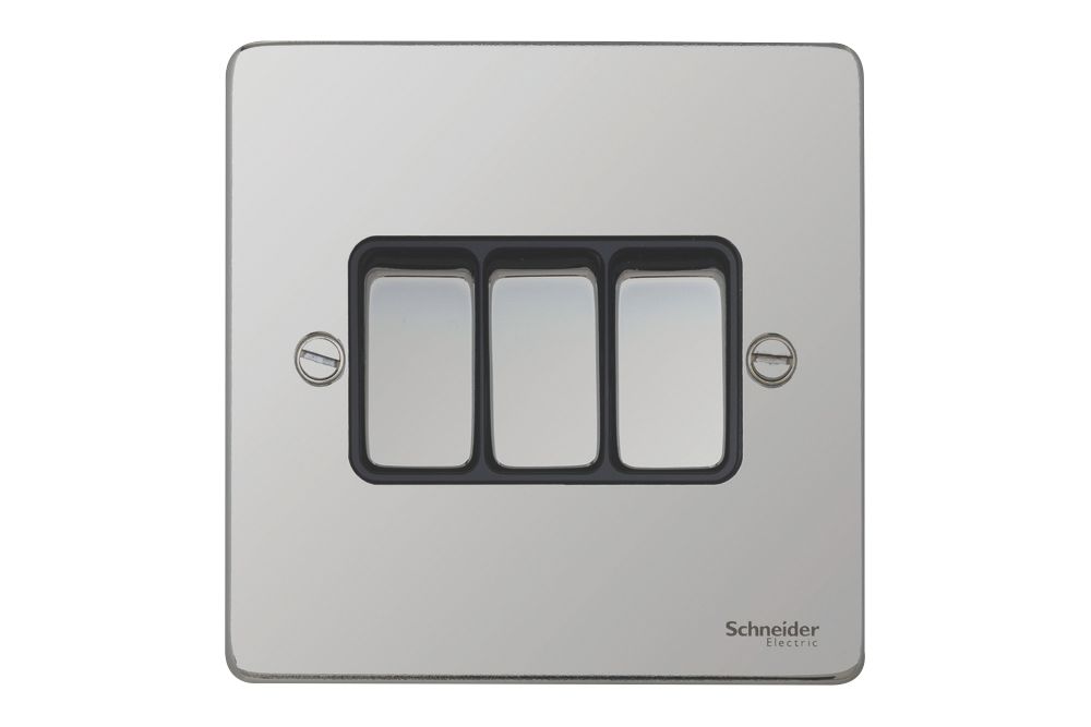 Schneider Electric Ultimate Low Profile 16AX 3-Gang 2-Way Light Switch Polished Chrome with Black Inserts