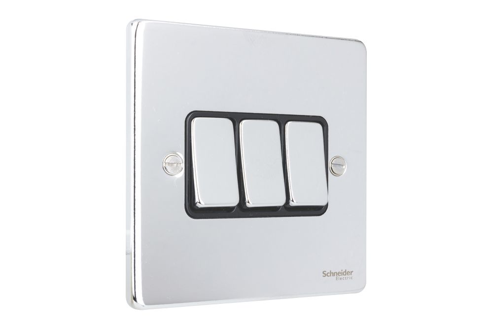 Schneider Electric Ultimate Low Profile 16AX 3-Gang 2-Way Light Switch Polished Chrome with Black Inserts