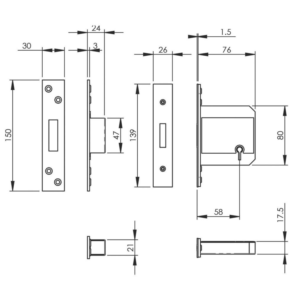 Smith & Locke Satin Brass BS 5-Lever Mortice Deadlock 65mm Case - 57mm Backset