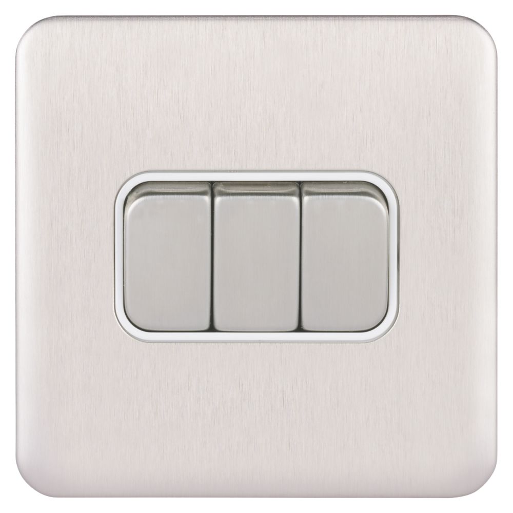 Schneider Electric Lisse Deco 10AX 3-Gang 2-Way Light Switch Brushed Stainless Steel with White Inserts