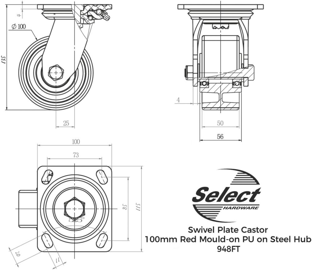 Select Heavy Duty Polypropylene Swivel Castor 100mm