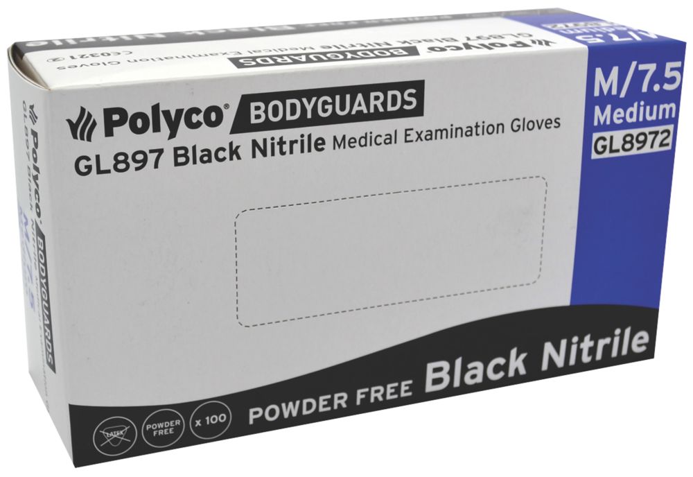 Polyco Bodyguards GL897 Nitrile Powder-Free Disposable Gloves Black Medium 100 Pack