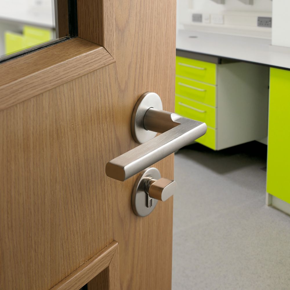 Briton 4700 Series Fire Rated Lever on Rose Hollow Cut Away Flat Lever Handle Pair Satin Stainless Steel