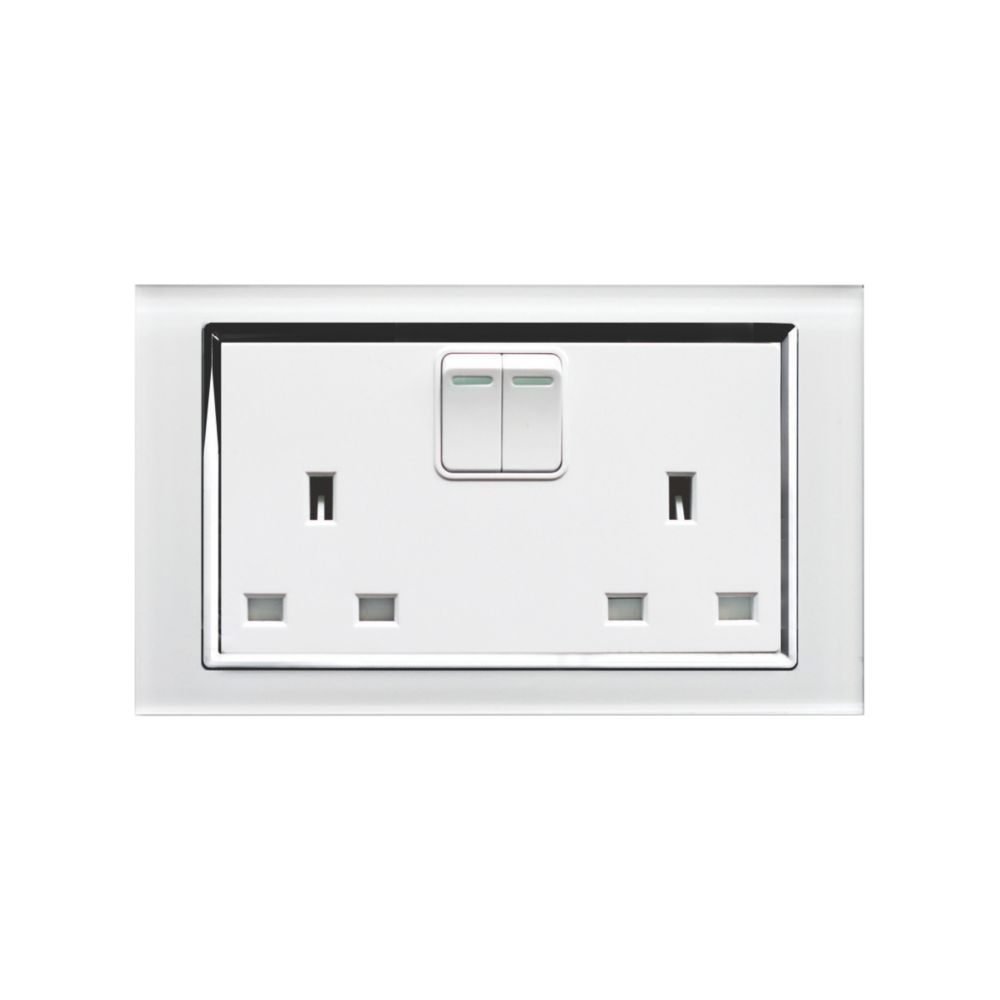 Retrotouch Crystal 13A 2-Gang DP Switched Plug Socket White Glass with White Inserts