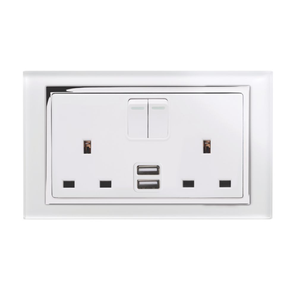 Retrotouch 13A 2-Gang DP Switched Socket + 2.1A 2-Outlet USB Charger White Glass