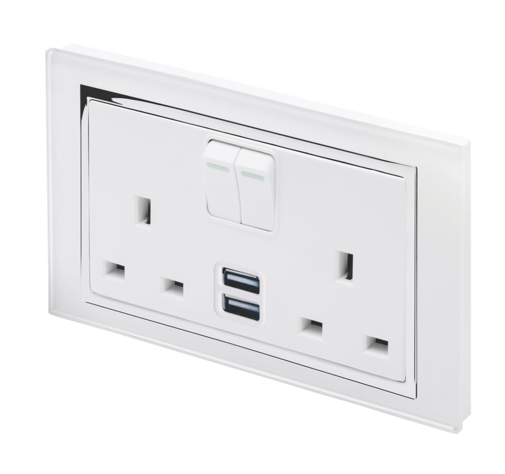 Retrotouch 13A 2-Gang DP Switched Socket + 2.1A 2-Outlet USB Charger White Glass Reviews