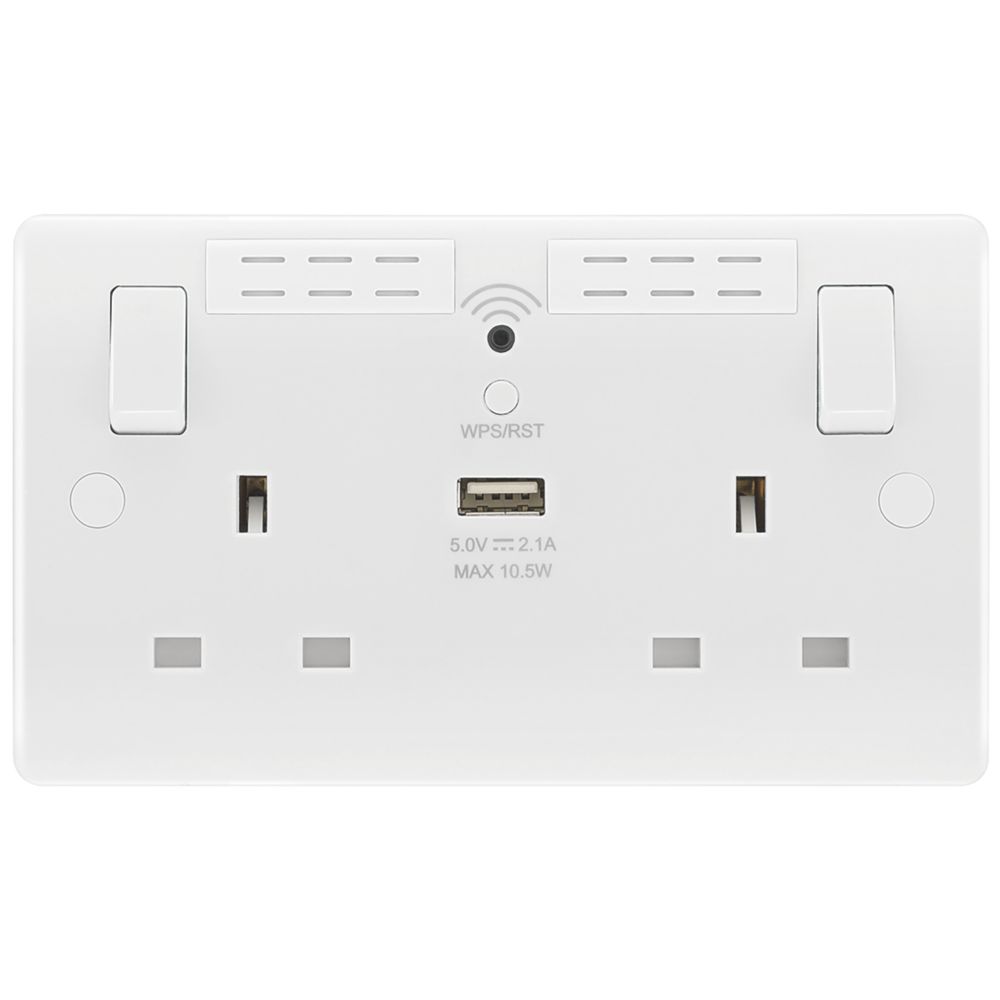 LAP 13A 2-Gang SP Switched Wi-Fi Extender + 2.1A 1-Outlet USB Charger White