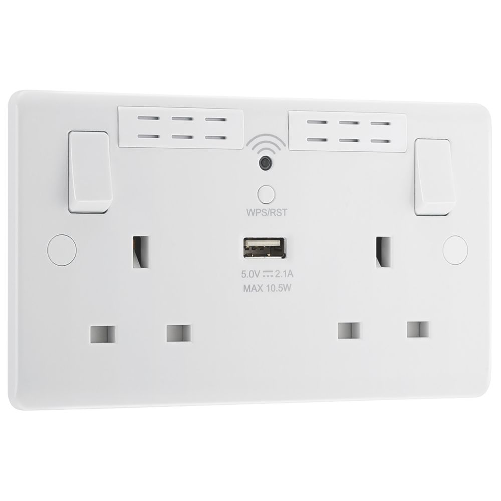 LAP 13A 2-Gang SP Switched Wi-Fi Extender + 2.1A 1-Outlet USB Charger White