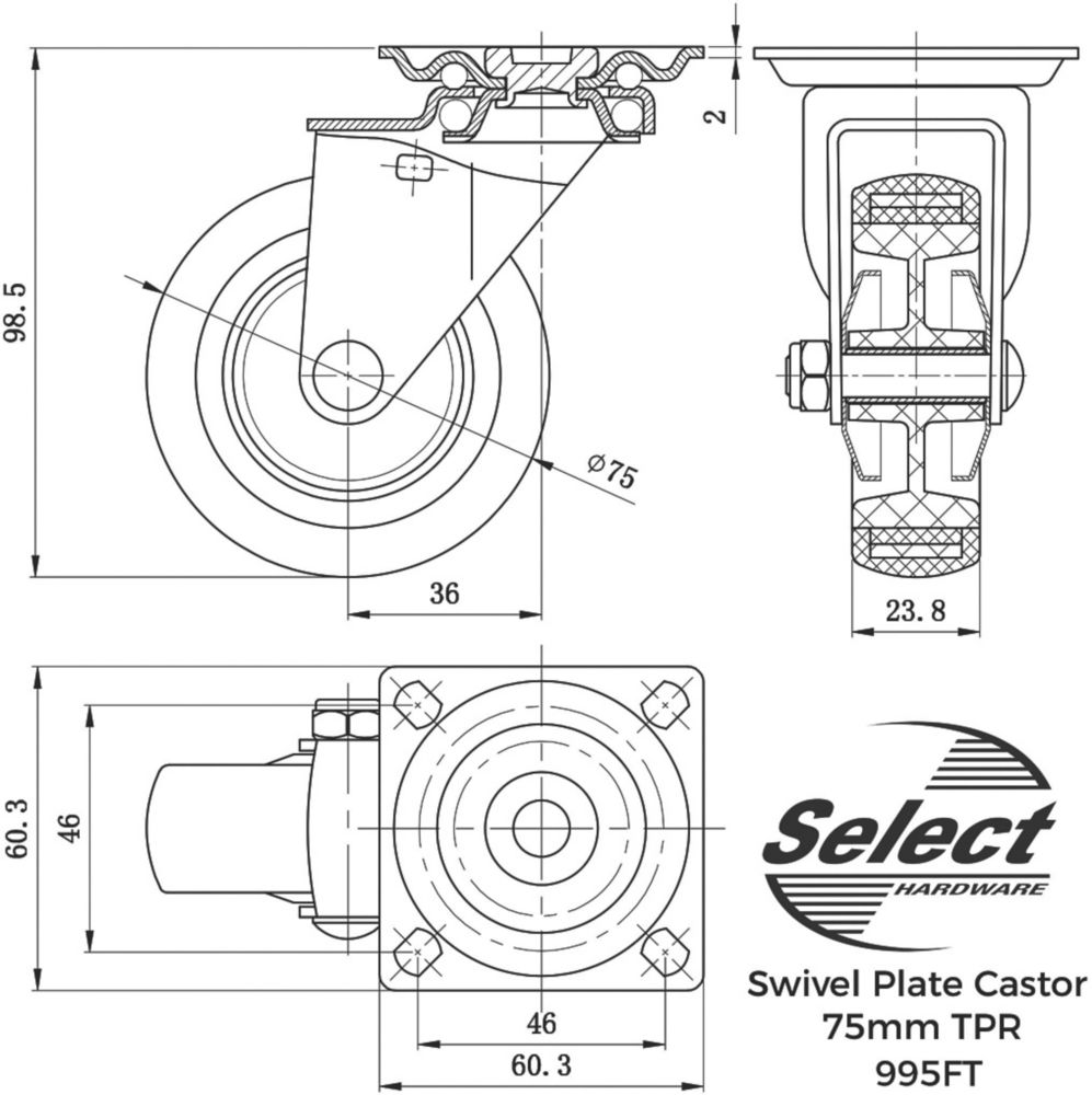 Select TPR Swivel Castor 75mm